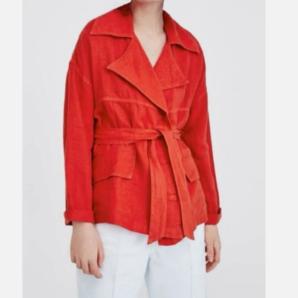 Zara Basic‎ Jacket Womens L Red Orange 100% Linen *Missing Belt* - Picture 2 of 12